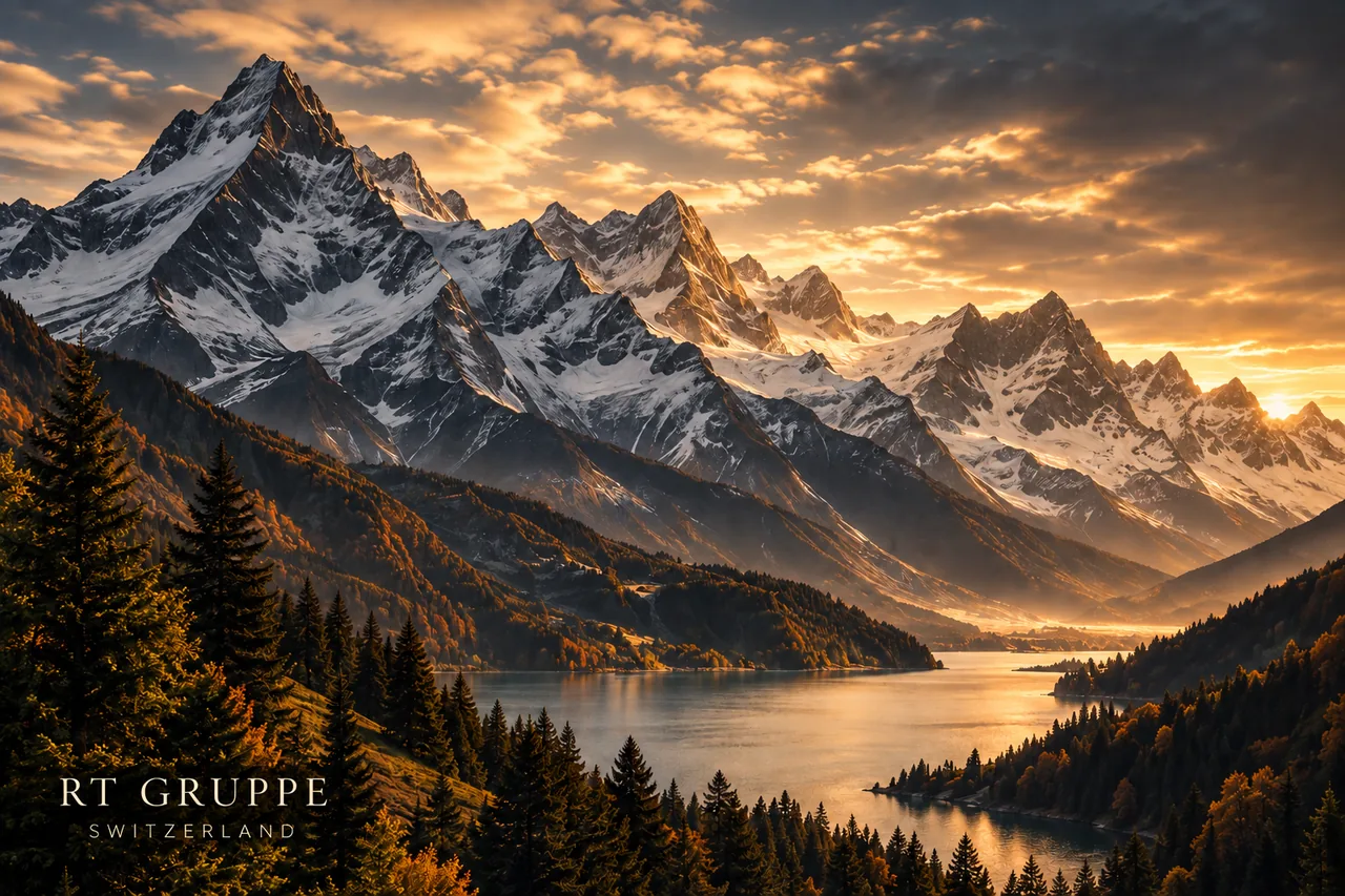 Alpine Berg- und Seenlandschaft im Abendlicht mit dezentem RT-GRUPPE-Schriftzug